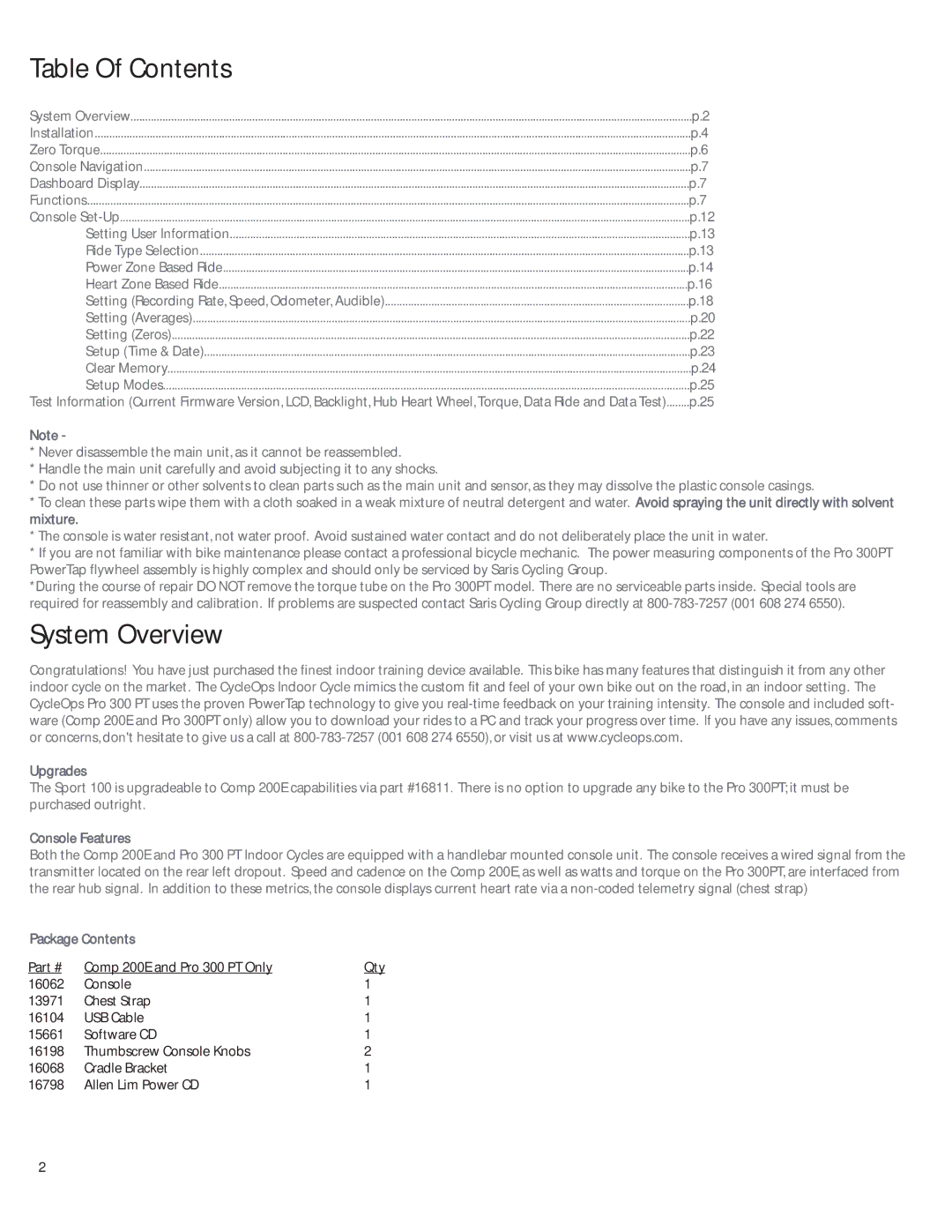 CycleOps PRO 300PT, Comp 200E manual Table Of Contents, System Overview 