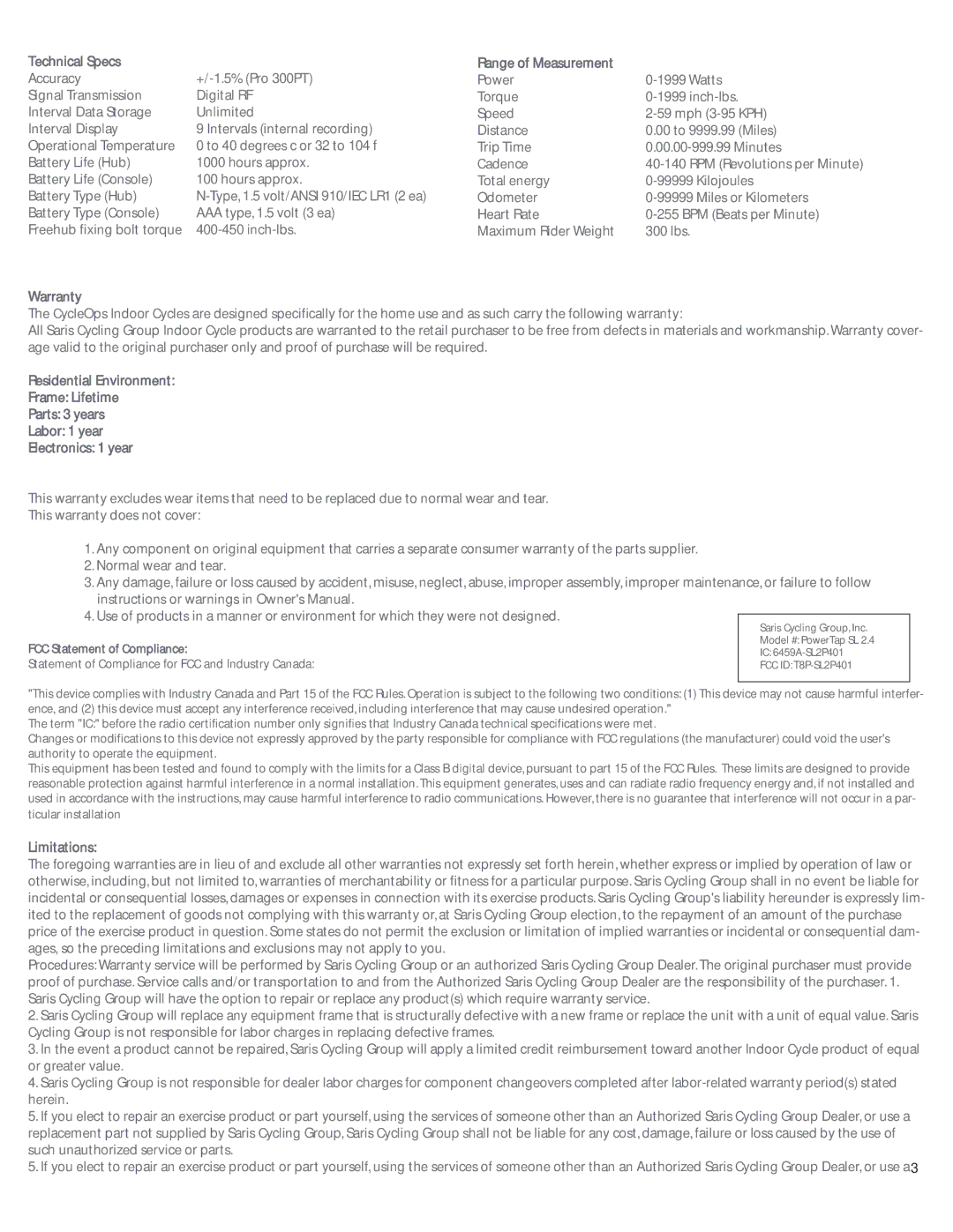 CycleOps Comp 200E, PRO 300PT manual Technical Specs 