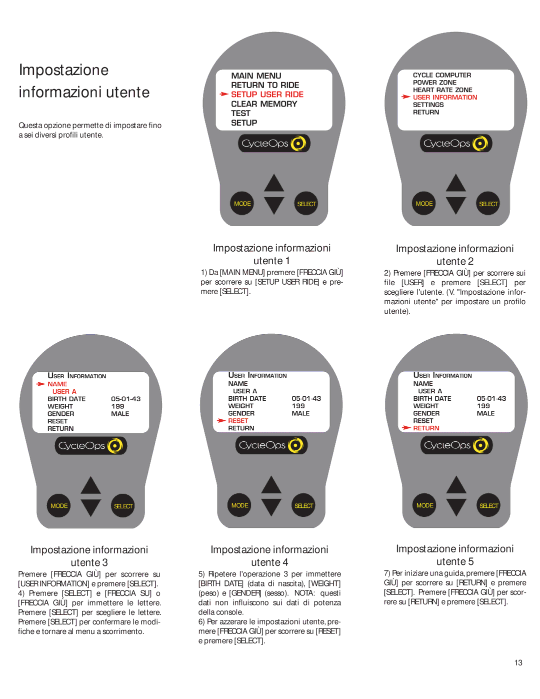 CycleOps Comp 200E, PRO 300PT manual Impostazione Informazioni utente, Impostazione informazioni Utente 