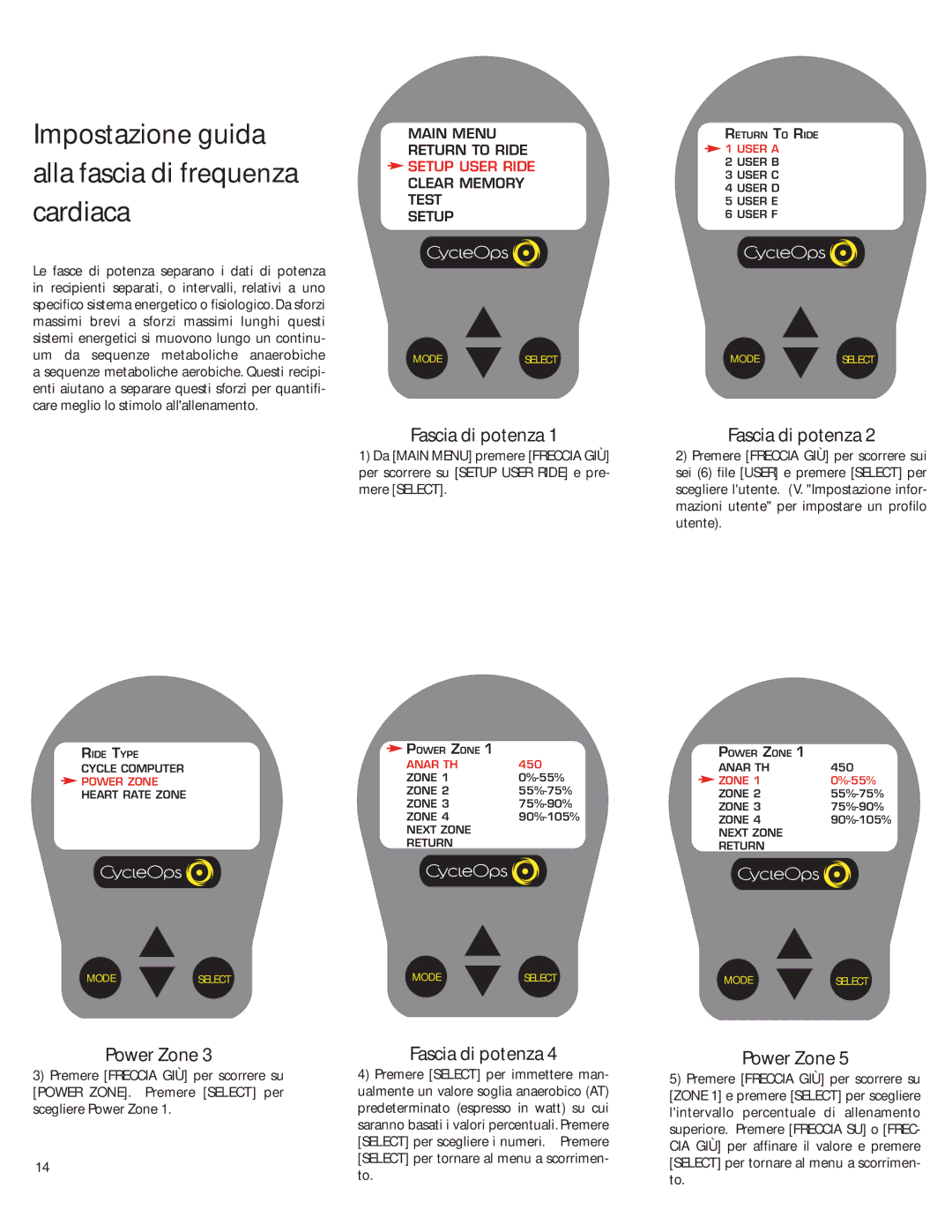 CycleOps PRO 300PT, Comp 200E manual Impostazione guida alla fascia di frequenza cardiaca, Power Zone, Fascia di potenza 