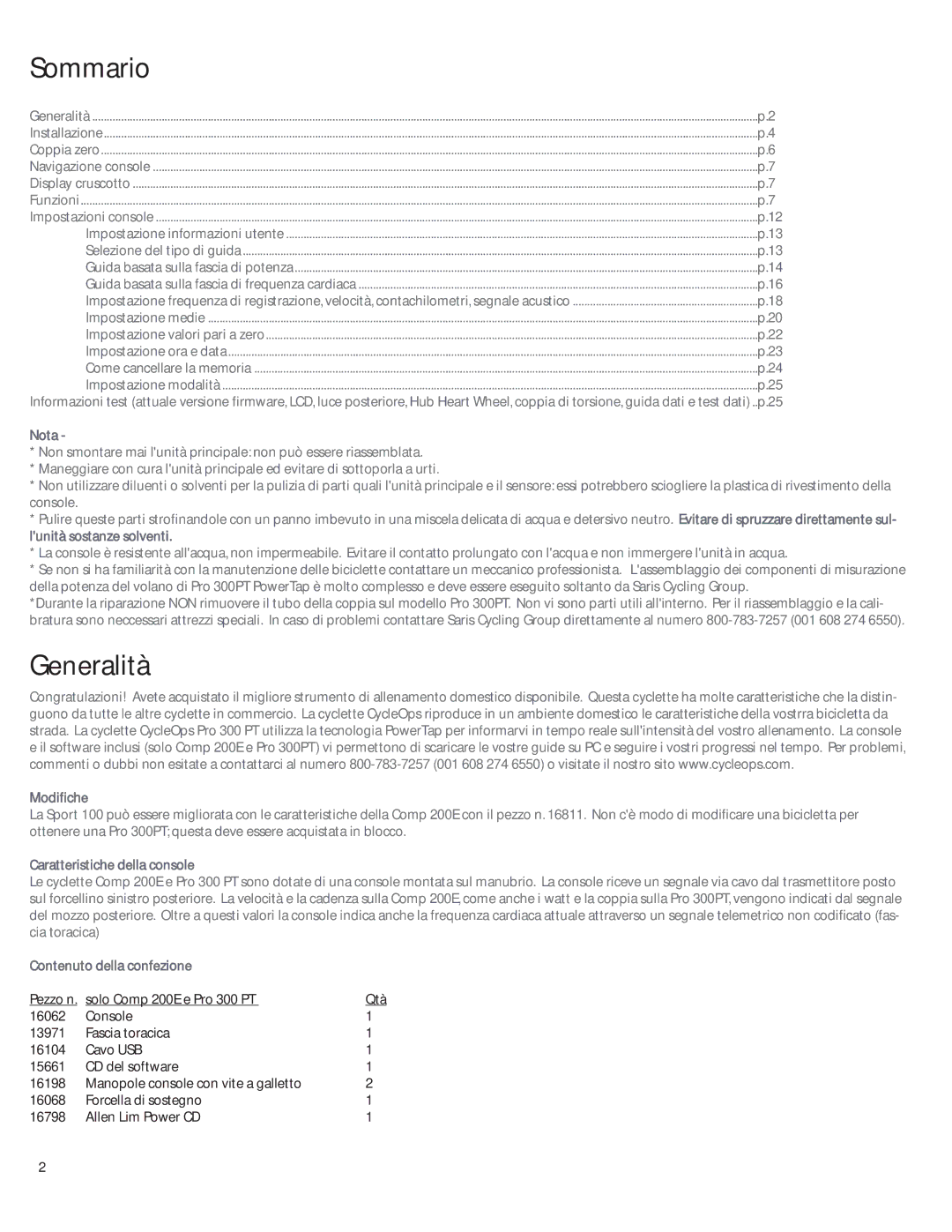 CycleOps PRO 300PT, Comp 200E manual Sommario, Generalità 