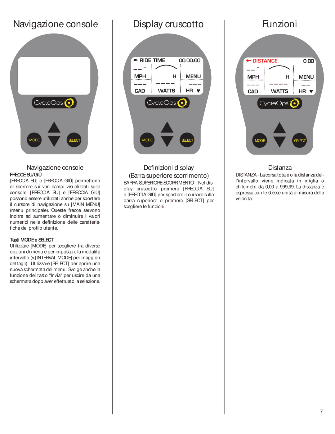 CycleOps Comp 200E, PRO 300PT manual Navigazione console, Display cruscotto, Funzioni 