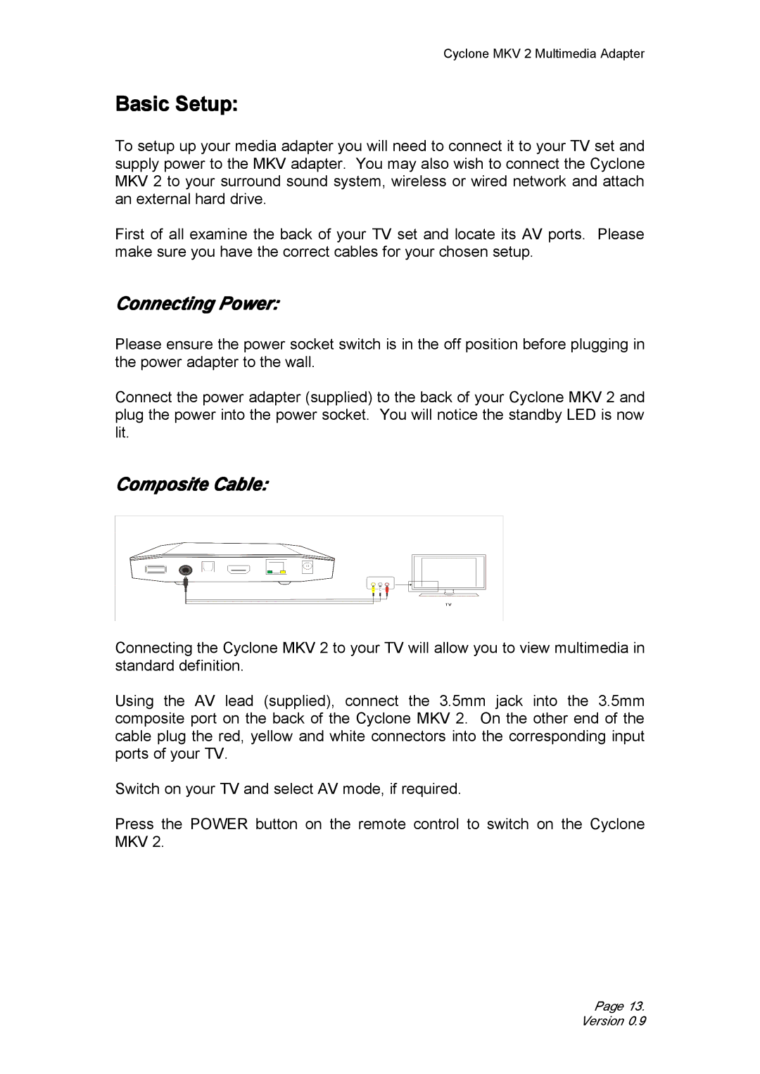 CyClone 1080P user manual Basic Setup, Connecting Power, Composite Cable 