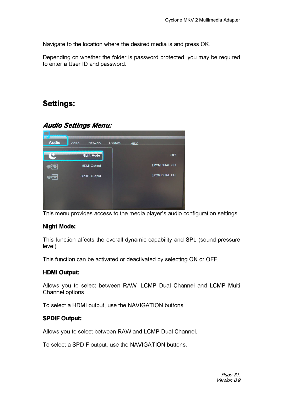 CyClone 1080P user manual Audio Settings Menu, Night Mode, Hdmi Output, Spdif Output 