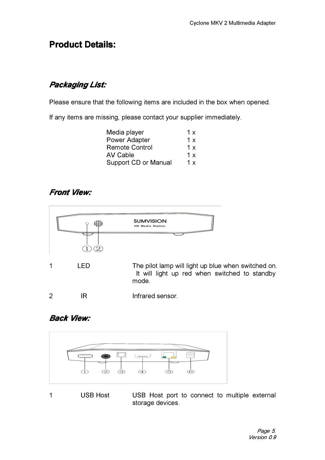 CyClone 1080P user manual Product Details, Packaging List, Front View, Back View 