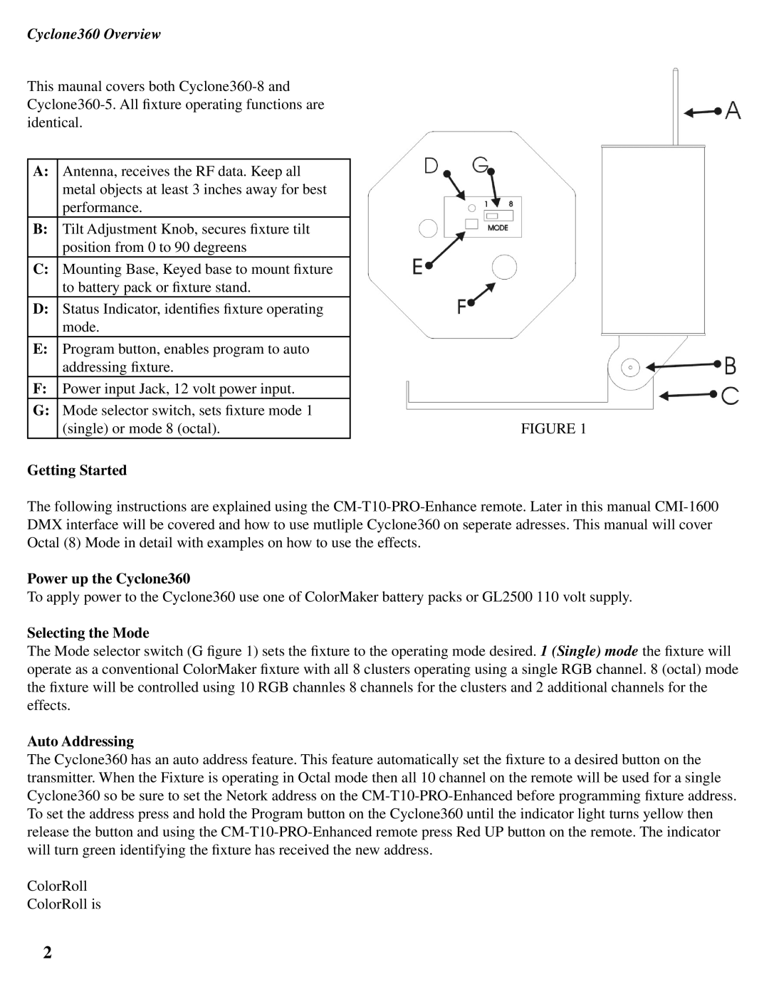 CyClone user manual Cyclone360 Overview, Getting Started, Power up the Cyclone360, Selecting the Mode, Auto Addressing 