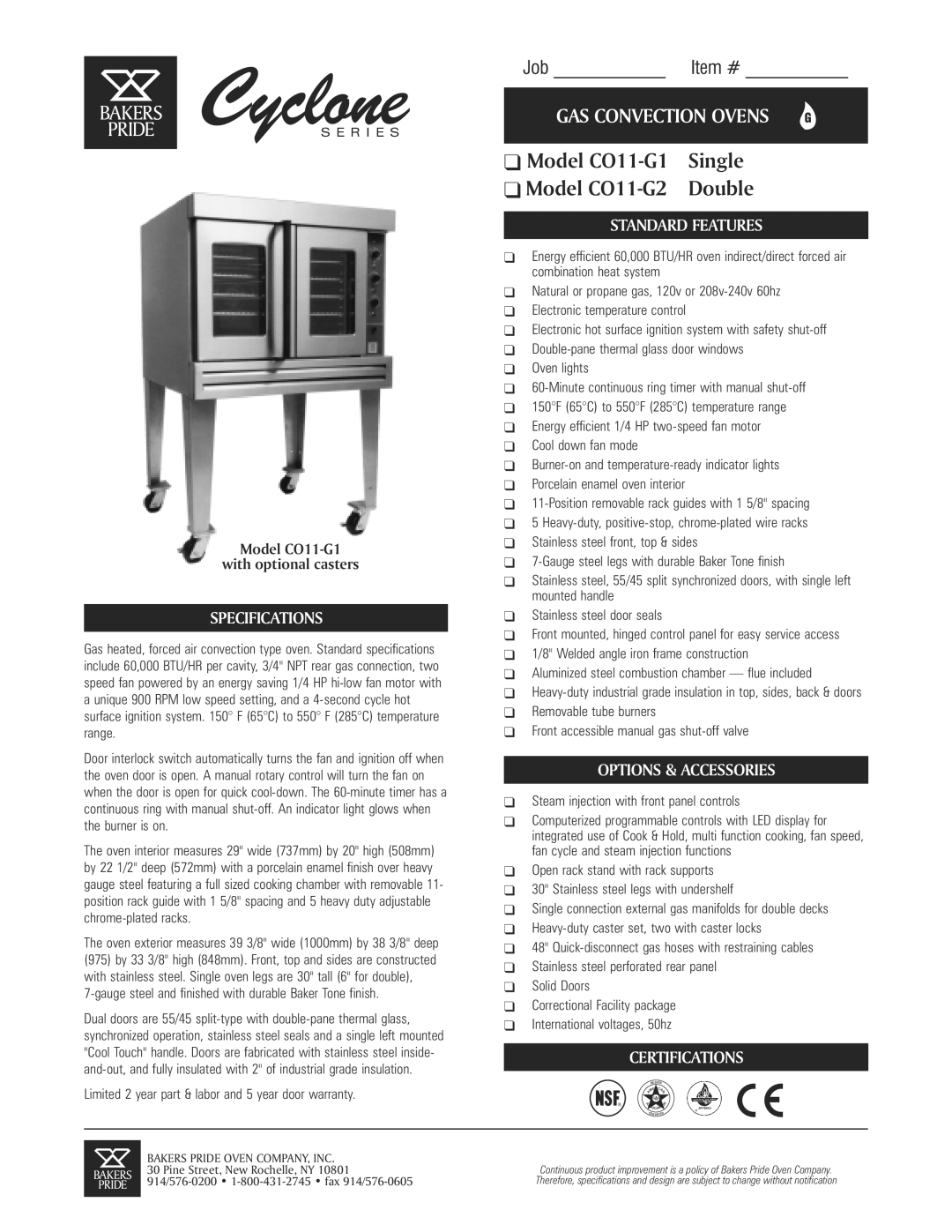 CyClone CO11-G1 specifications Specifications, Standard Features, Options & Accessories, Certifications 