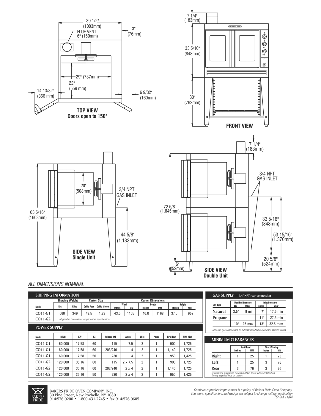 CyClone CO11-G1 specifications Shipping Information, Power Supply, Minimum Clearances 