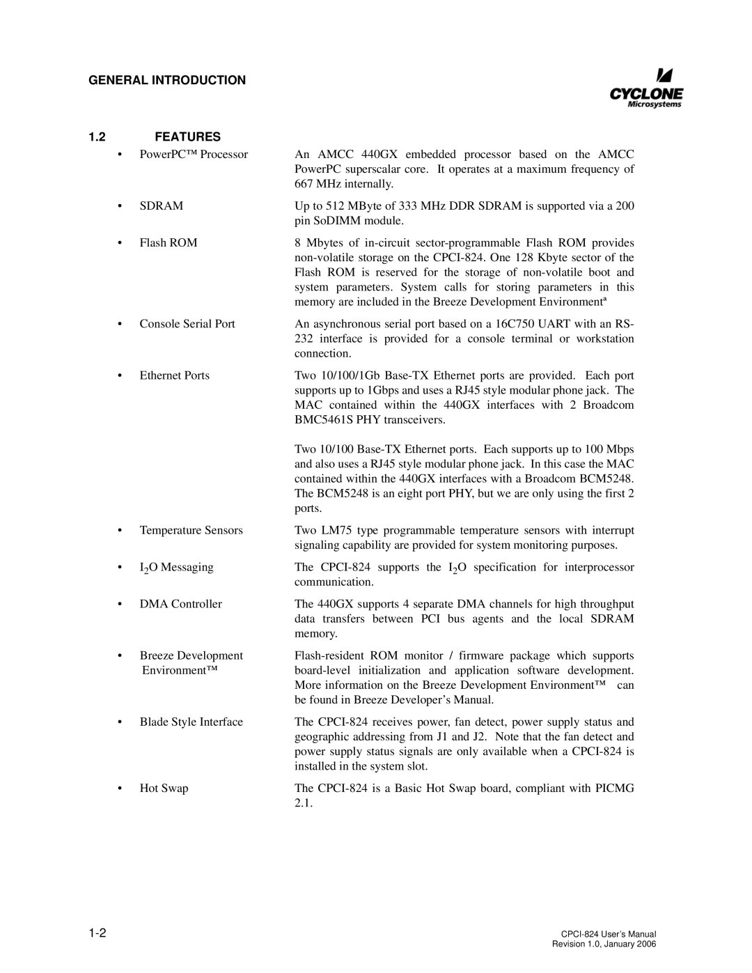 CyClone COMPACTPCI-824 user manual General Introduction Features, Sdram 