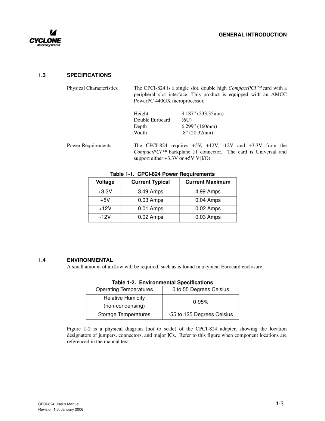 CyClone COMPACTPCI-824 user manual General Introduction Specifications, Environmental Specifications 