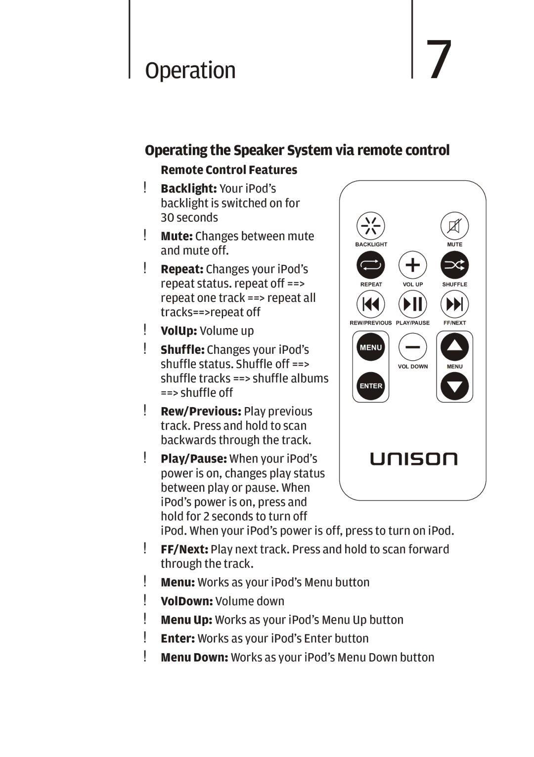 Cygnett i-x6 manual Operation7, Operating the Speaker System via remote control, Remote Control Features 