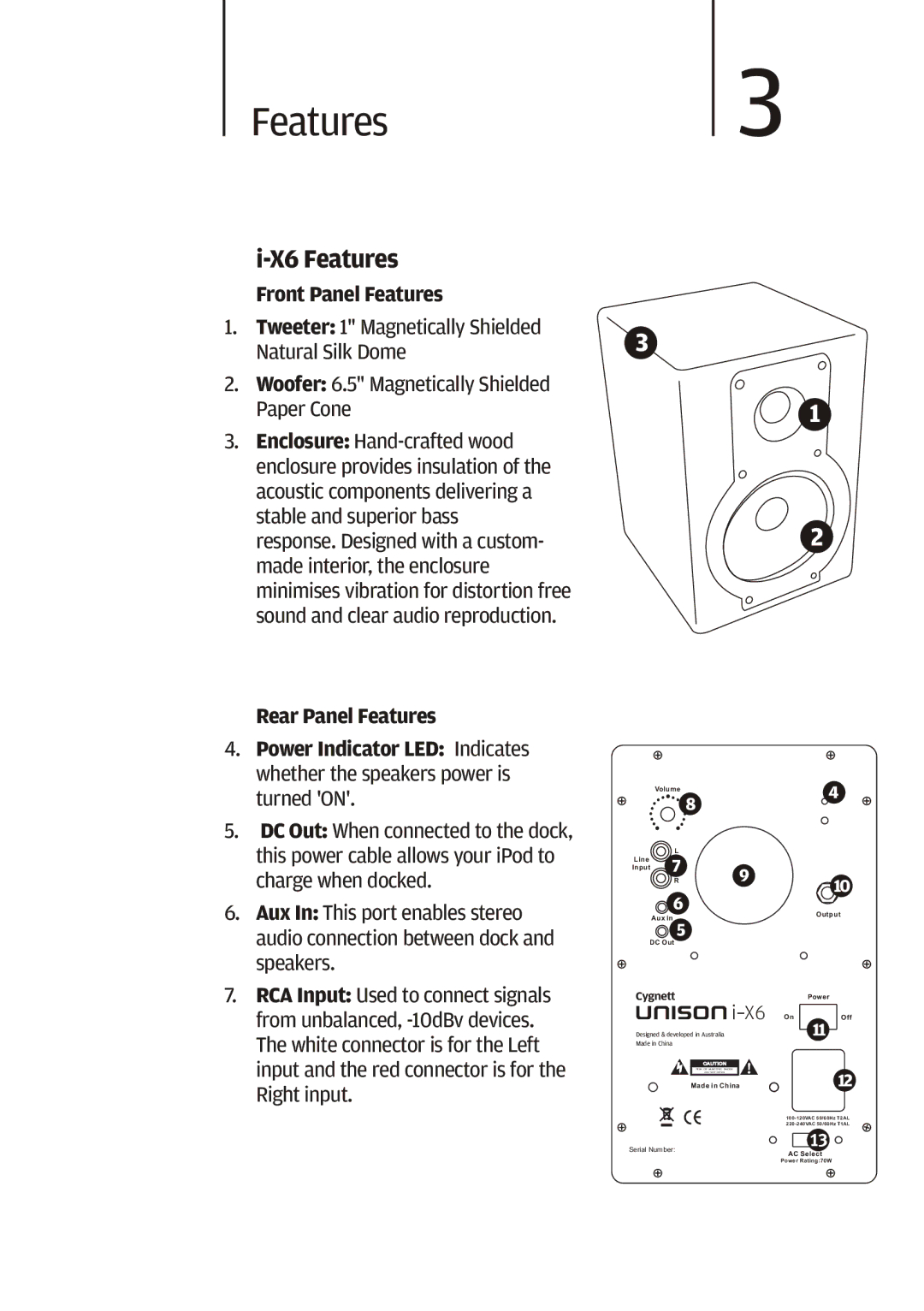 Cygnett i-x6 manual Features3, X6 Features, Front Panel Features, Rear Panel Features 