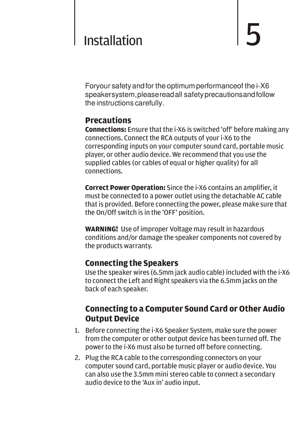 Cygnett i-x6 manual Installation5, Precautions, Connecting the Speakers 