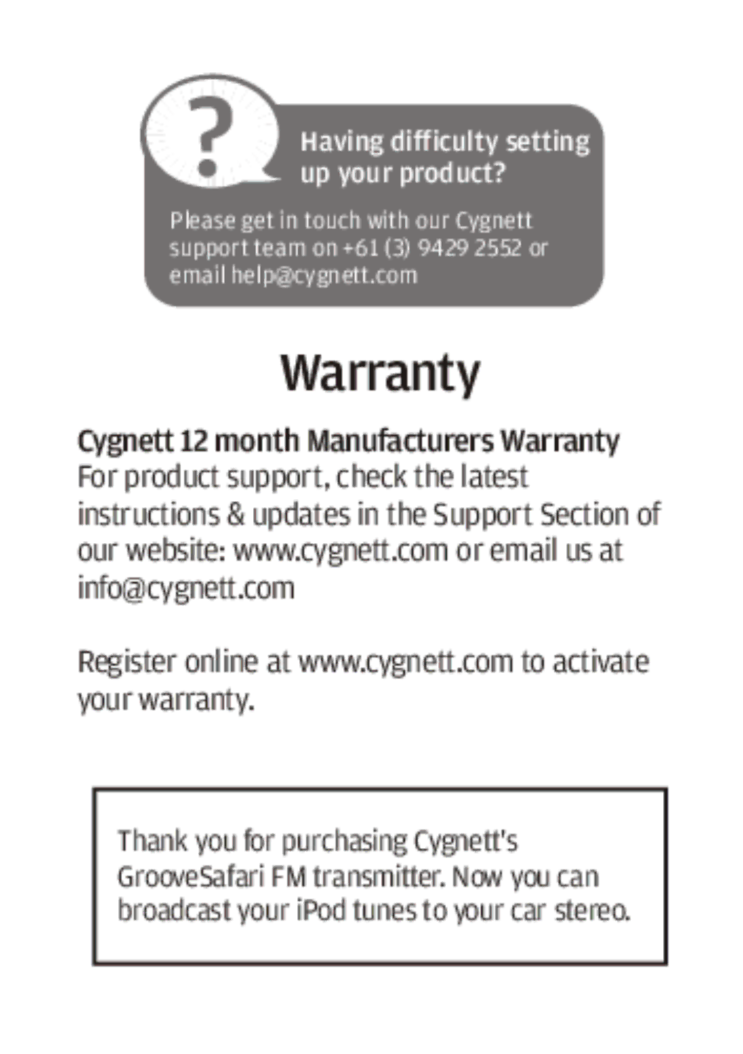 Cygnett Mini Wireless FM transmitter manual Warranty 