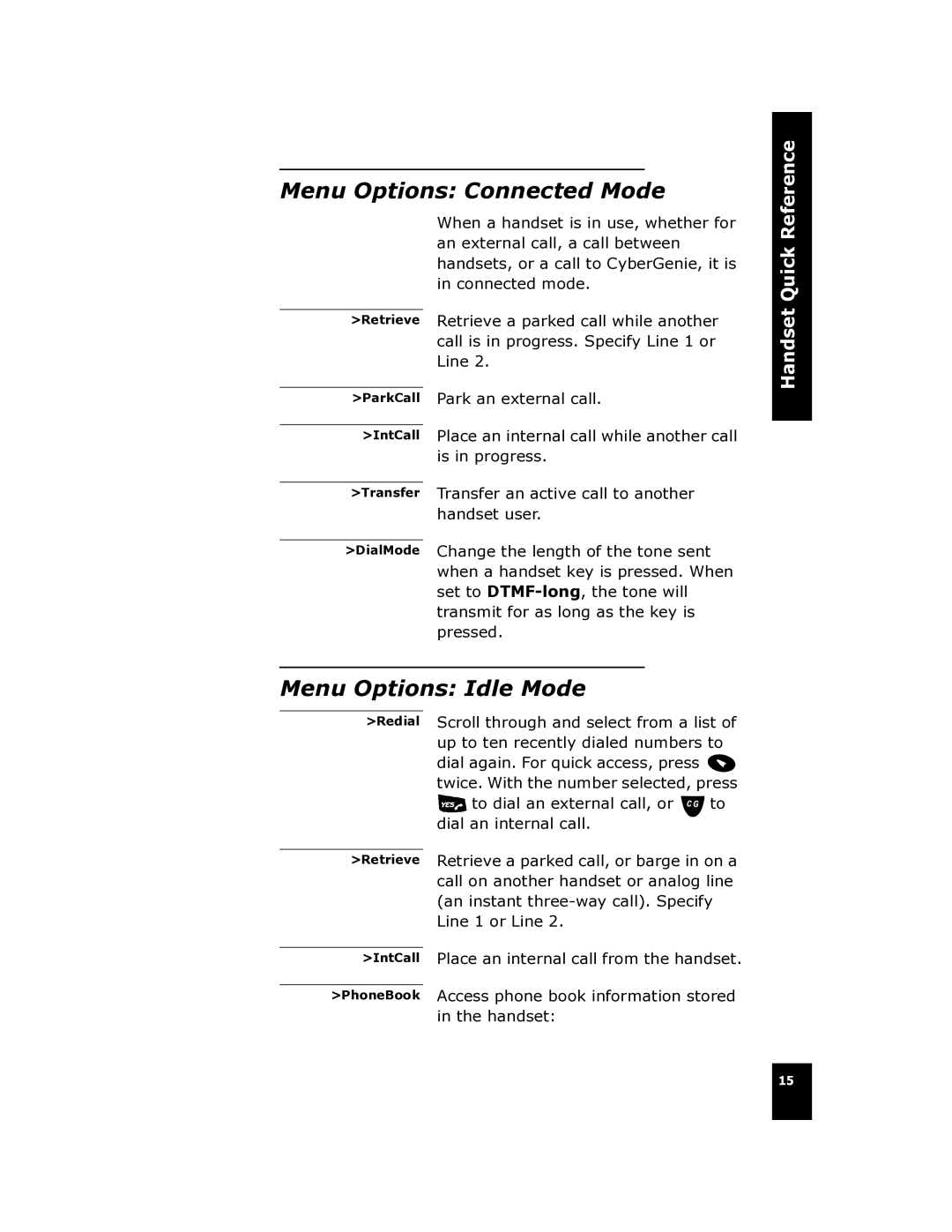 Cygnion CG 2400 manual Menu Options Connected Mode, Menu Options Idle Mode 