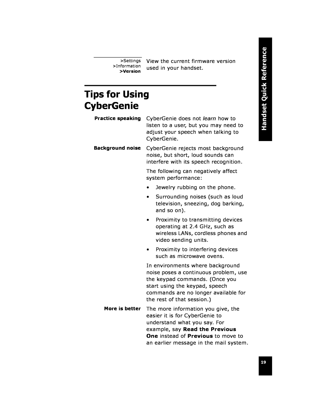 Cygnion CG 2400 manual Tips for Using CyberGenie, Handset Quick Reference 