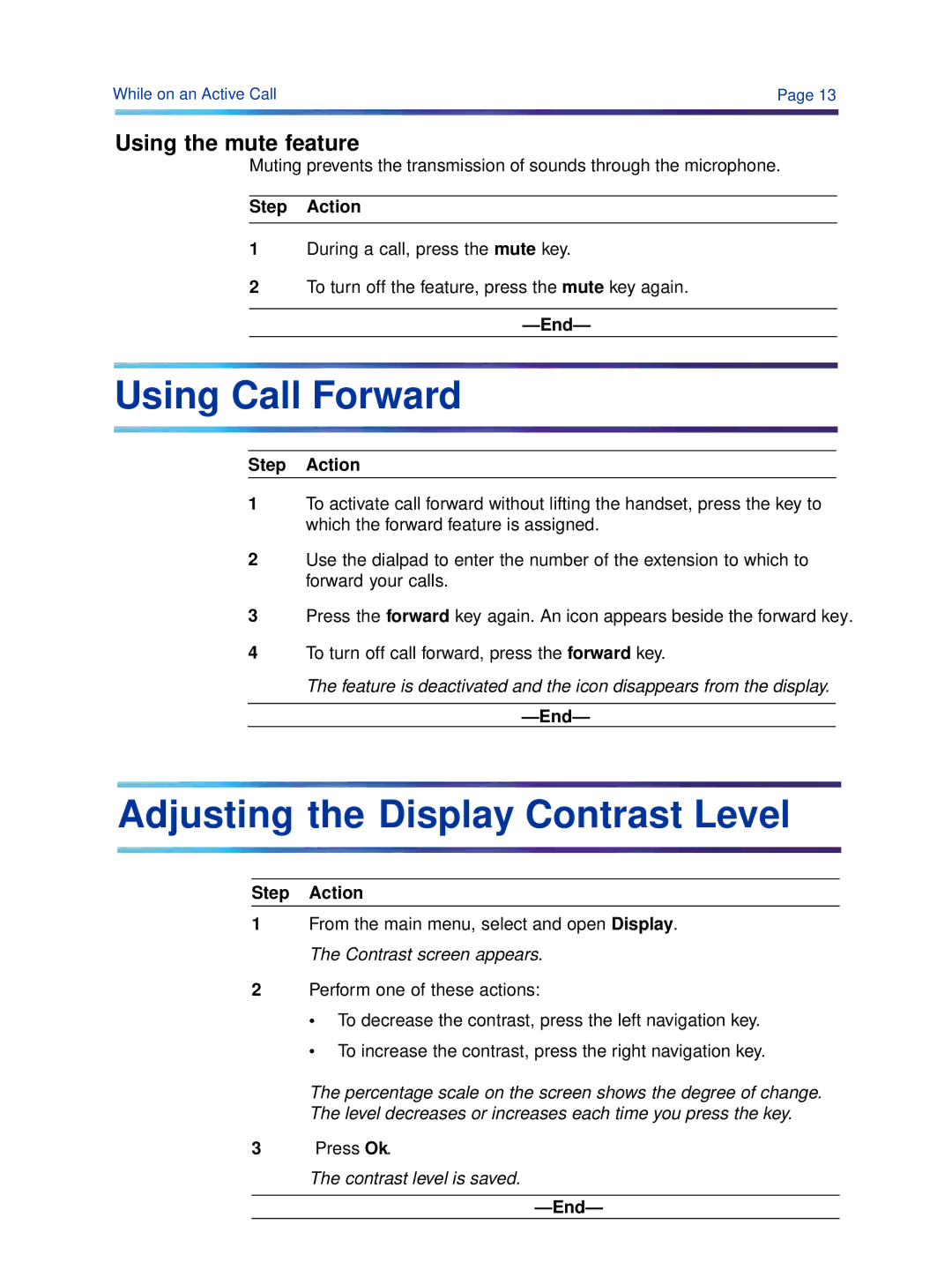 Cypress 1140 manual Using Call Forward, Adjusting the Display Contrast Level, Using the mute feature 