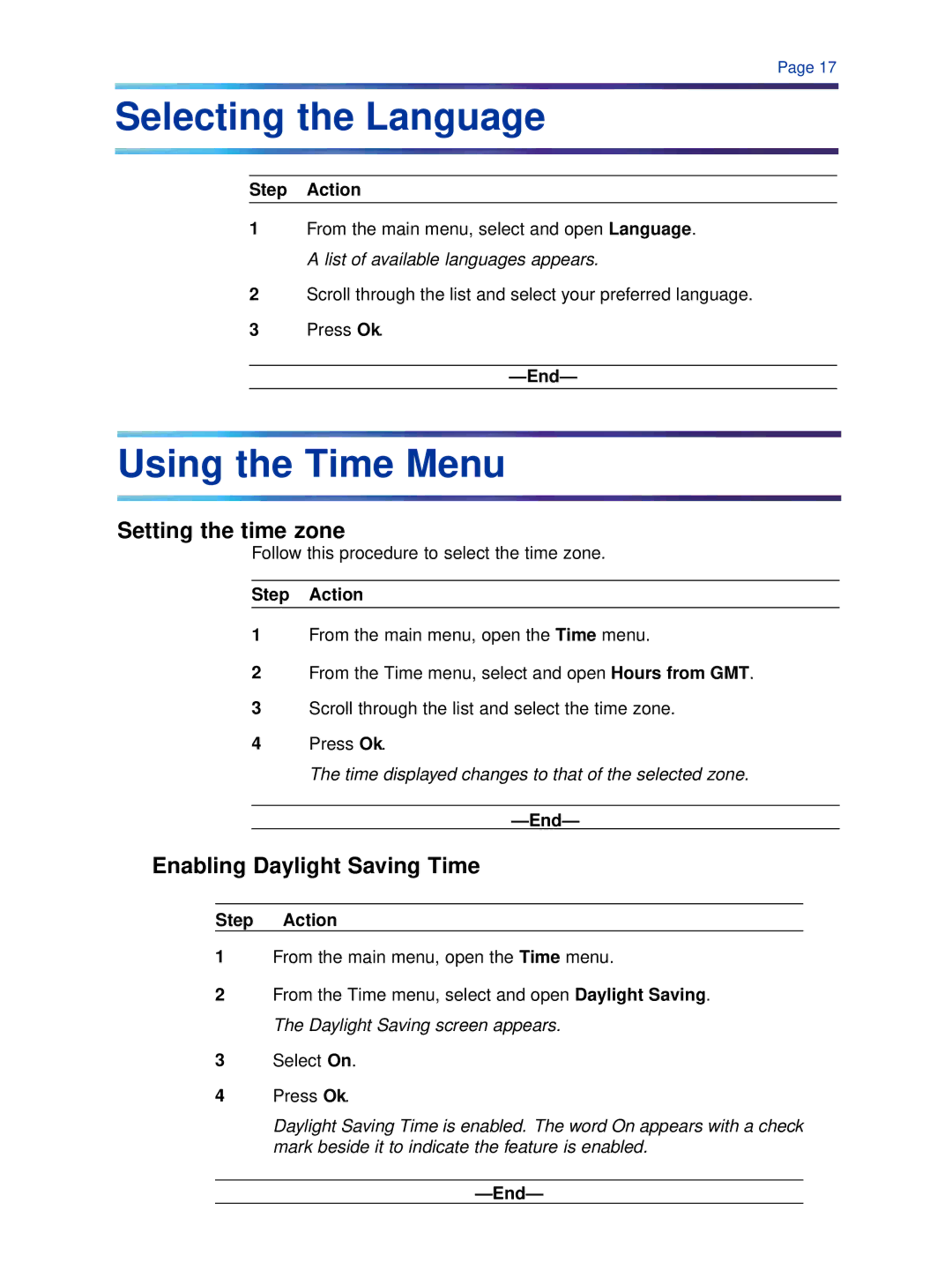 Cypress 1140 manual Selecting the Language, Using the Time Menu, Setting the time zone, Enabling Daylight Saving Time 