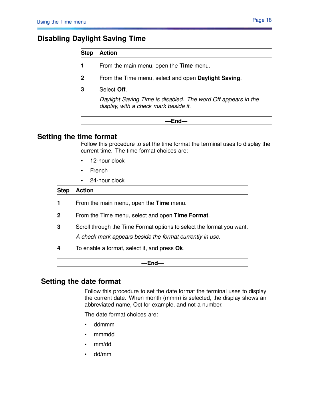 Cypress 1140 manual Disabling Daylight Saving Time, Setting the time format, Setting the date format 