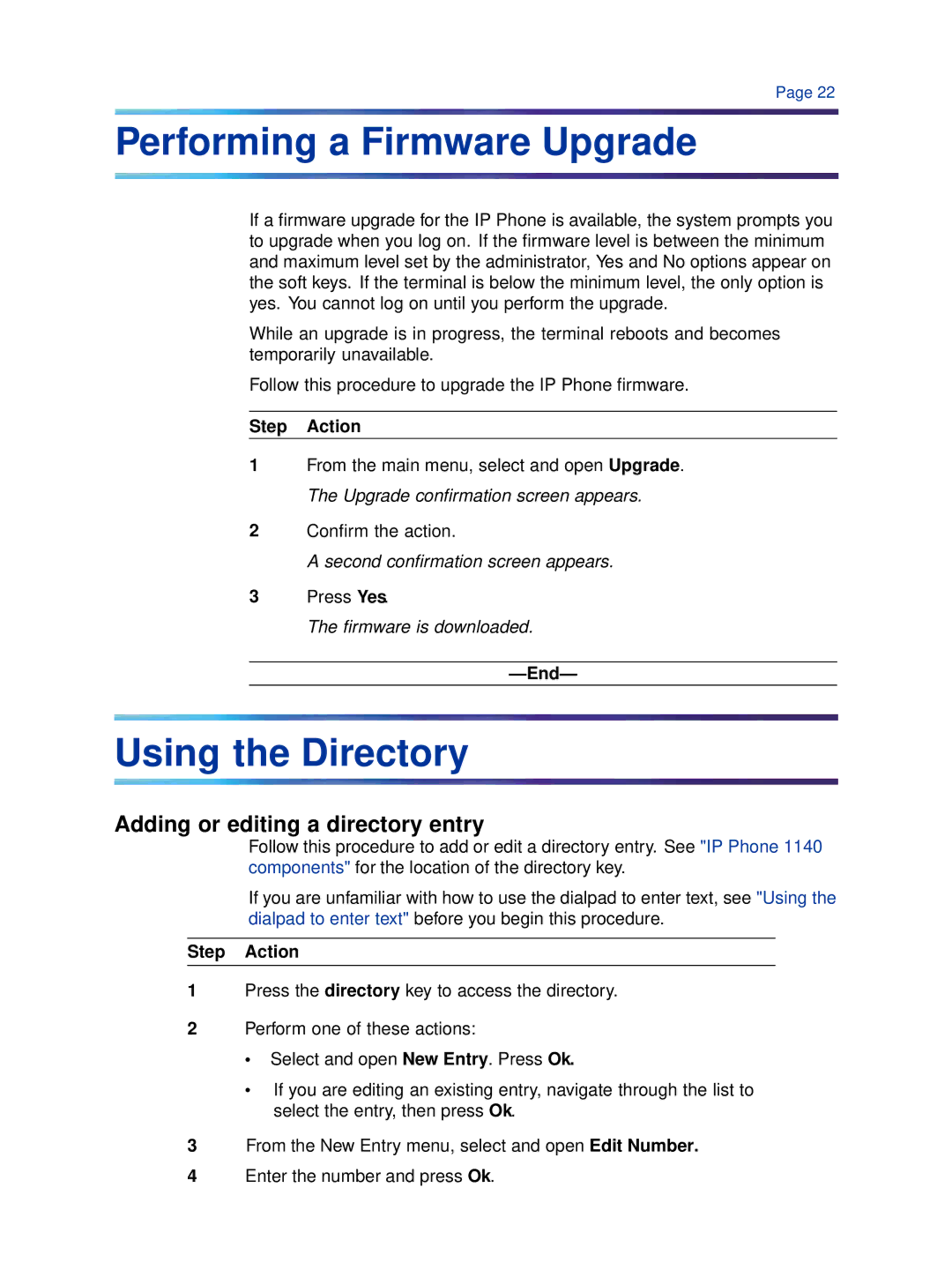 Cypress 1140 manual Performing a Firmware Upgrade, Using the Directory, Adding or editing a directory entry 