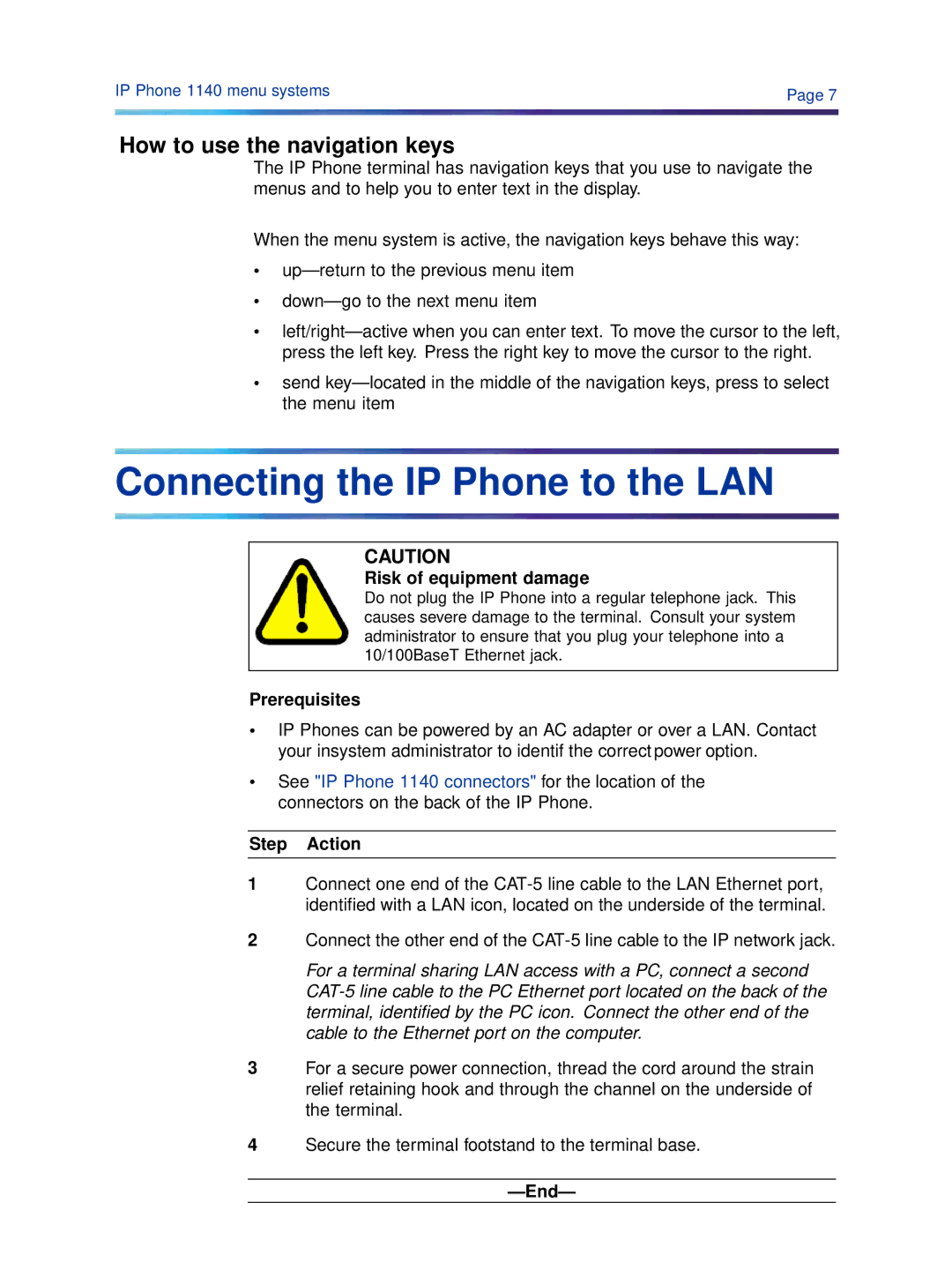 Cypress 1140 manual Connecting the IP Phone to the LAN, How to use the navigation keys 