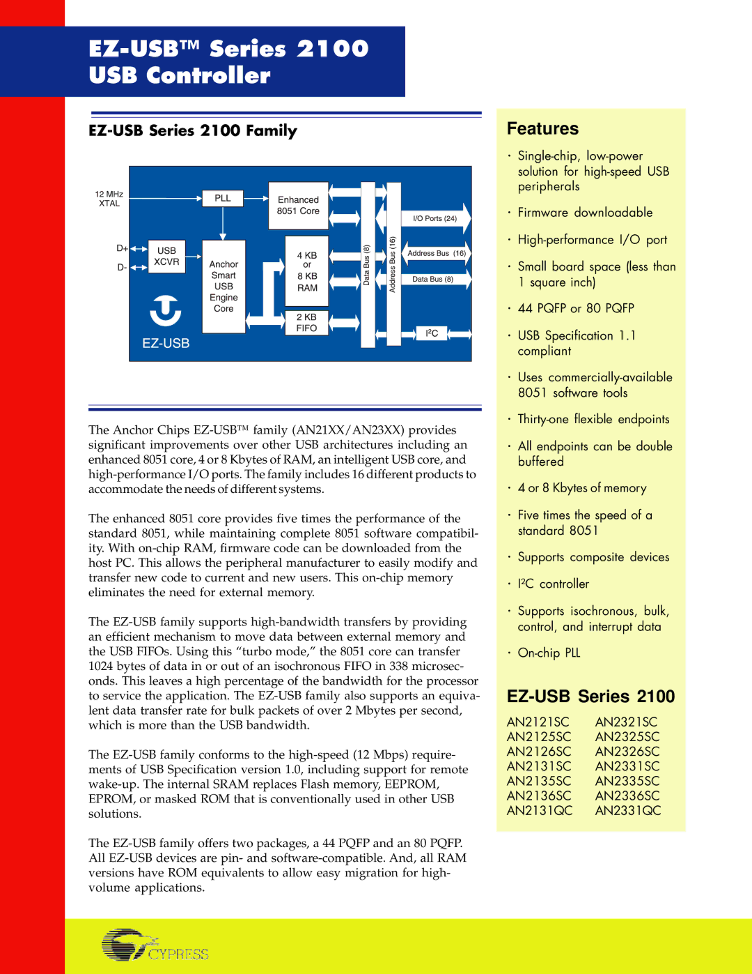 Cypress 2100 manual EZ-USB Series USB Controller 