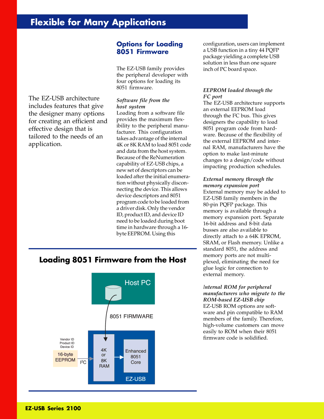 Cypress 2100 manual Flexible for Many Applications, Options for Loading 8051 Firmware 