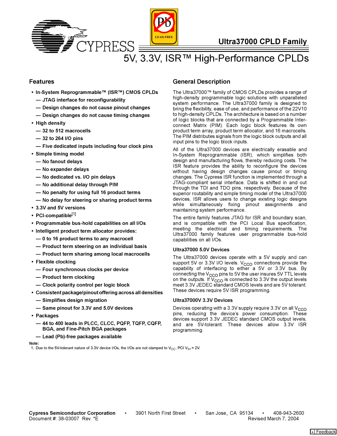 Cypress 37000 CPLD manual Features, Ultra37000 5.0V Devices, Ultra37000V 3.3V Devices, Cypress Semiconductor Corporation 