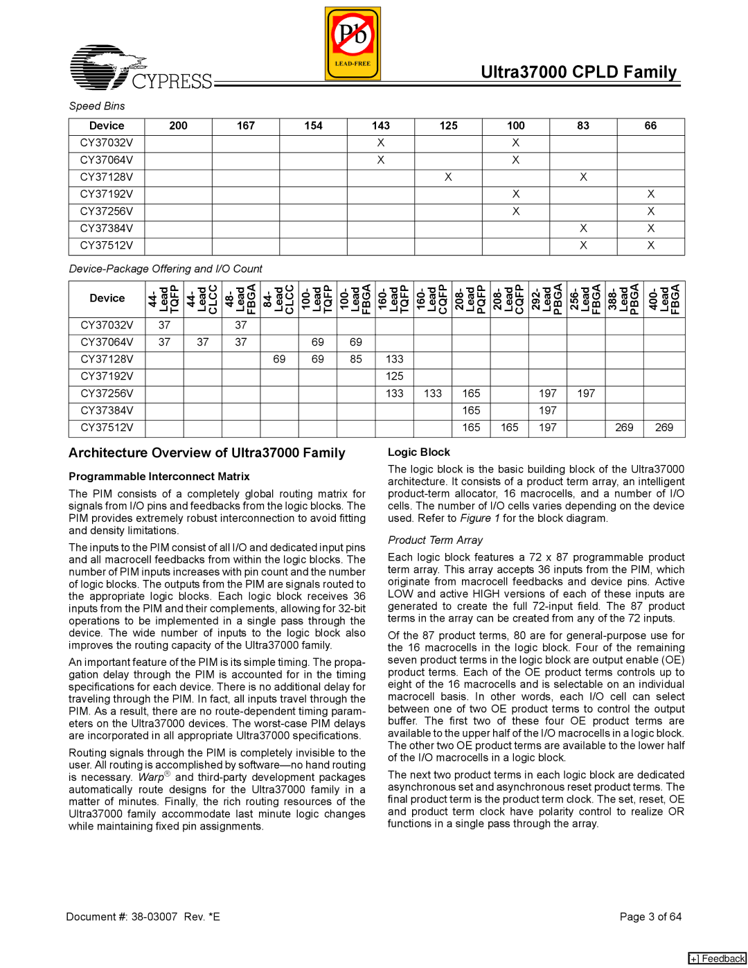 Cypress 37000 CPLD manual Architecture Overview of Ultra37000 Family, Programmable Interconnect Matrix, Logic Block 