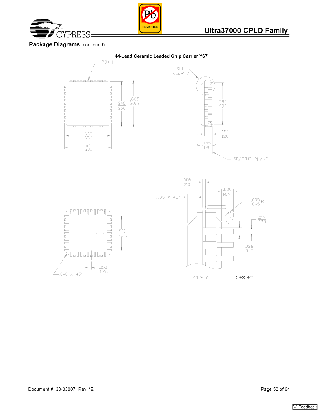 Cypress 37000 CPLD manual Lead Ceramic Leaded Chip Carrier Y67 