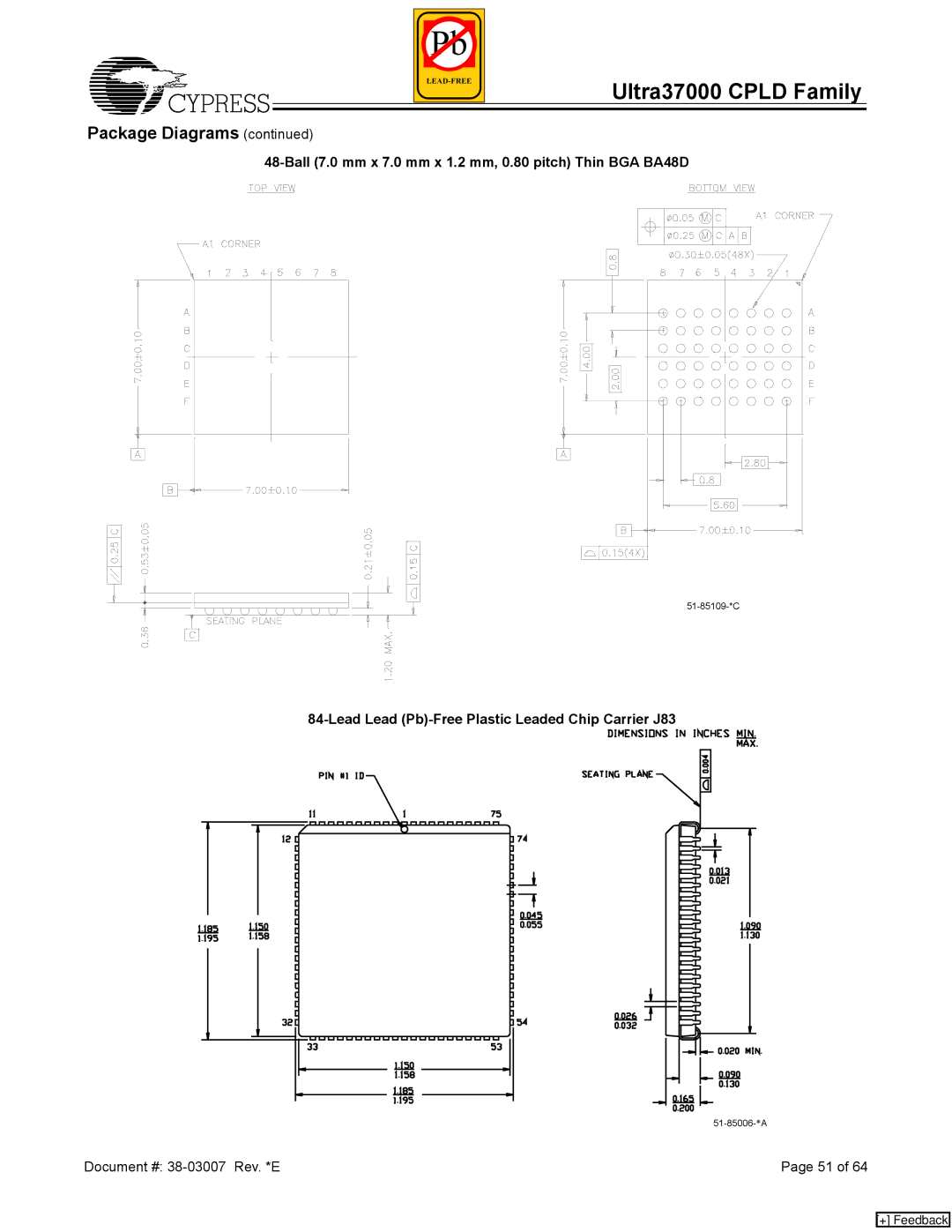 Cypress 37000 CPLD manual Ball 7.0 mm x 7.0 mm x 1.2 mm, 0.80 pitch Thin BGA BA48D 