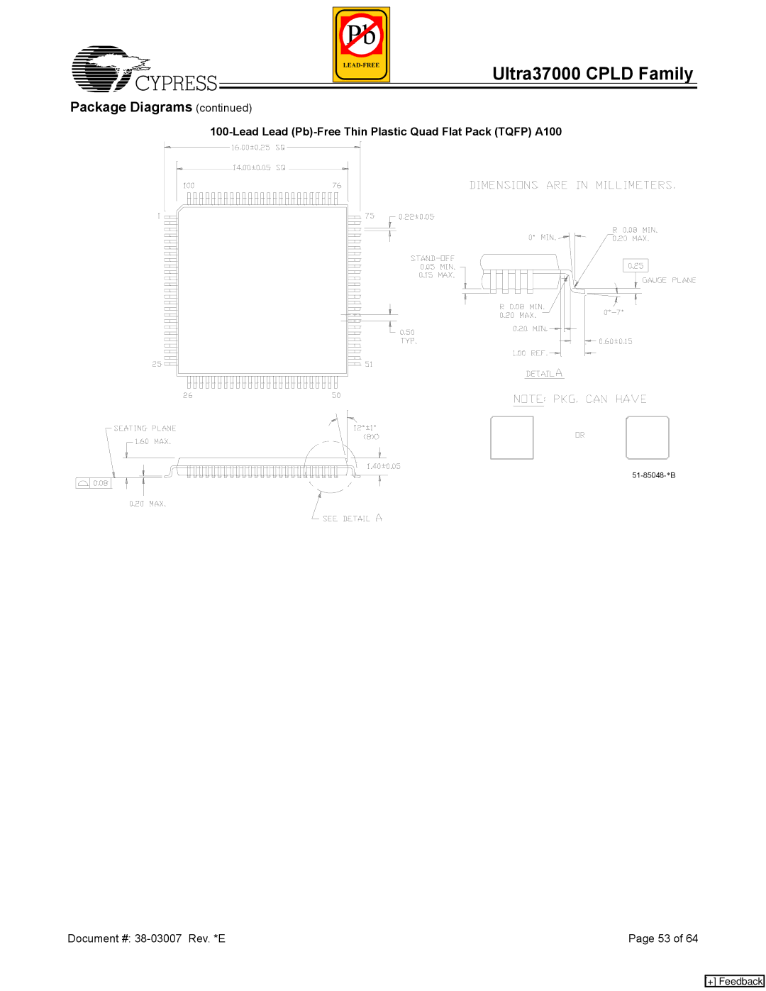 Cypress 37000 CPLD manual Lead Lead Pb-Free Thin Plastic Quad Flat Pack Tqfp A100 