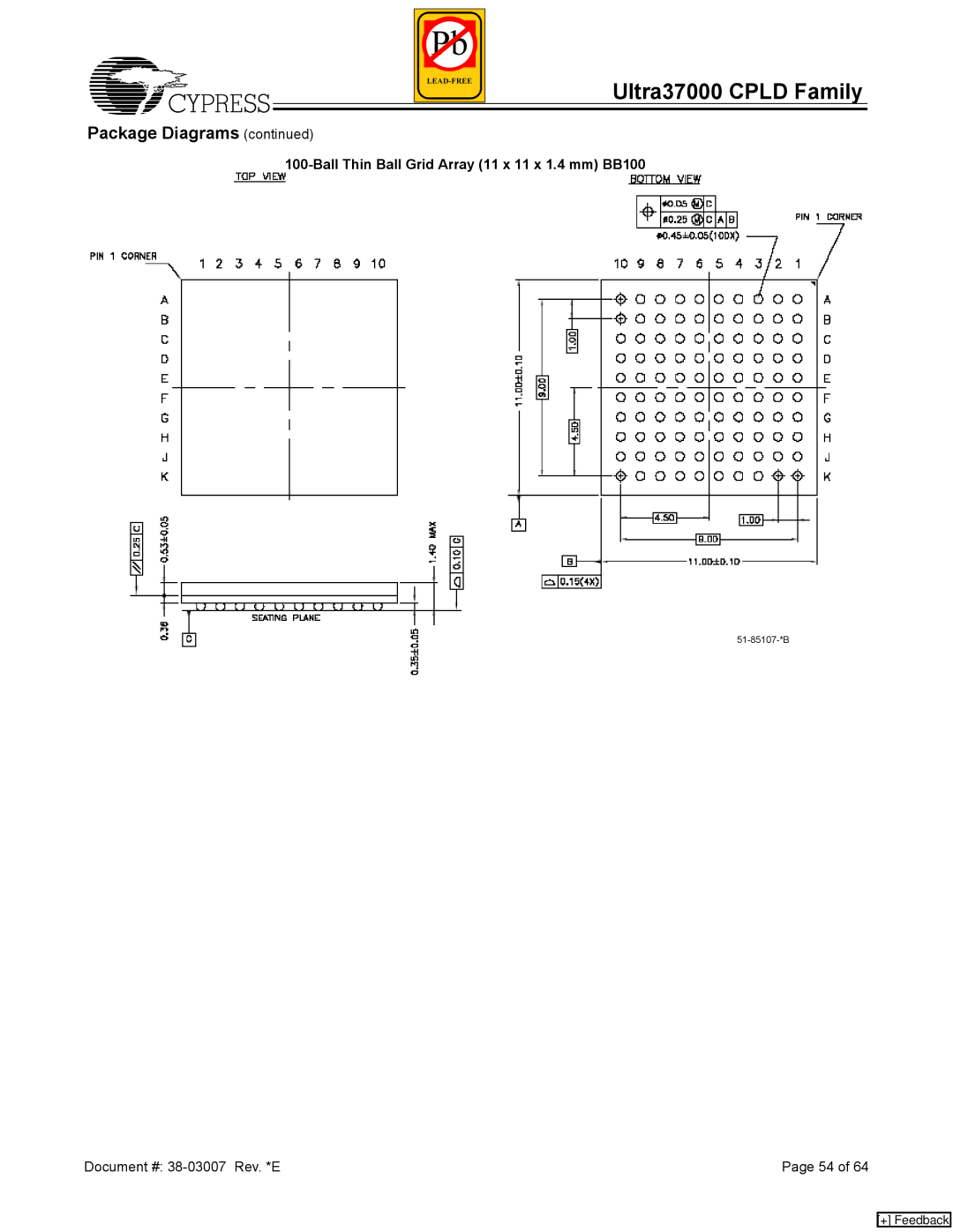 Cypress 37000 CPLD manual Ball Thin Ball Grid Array 11 x 11 x 1.4 mm BB100 