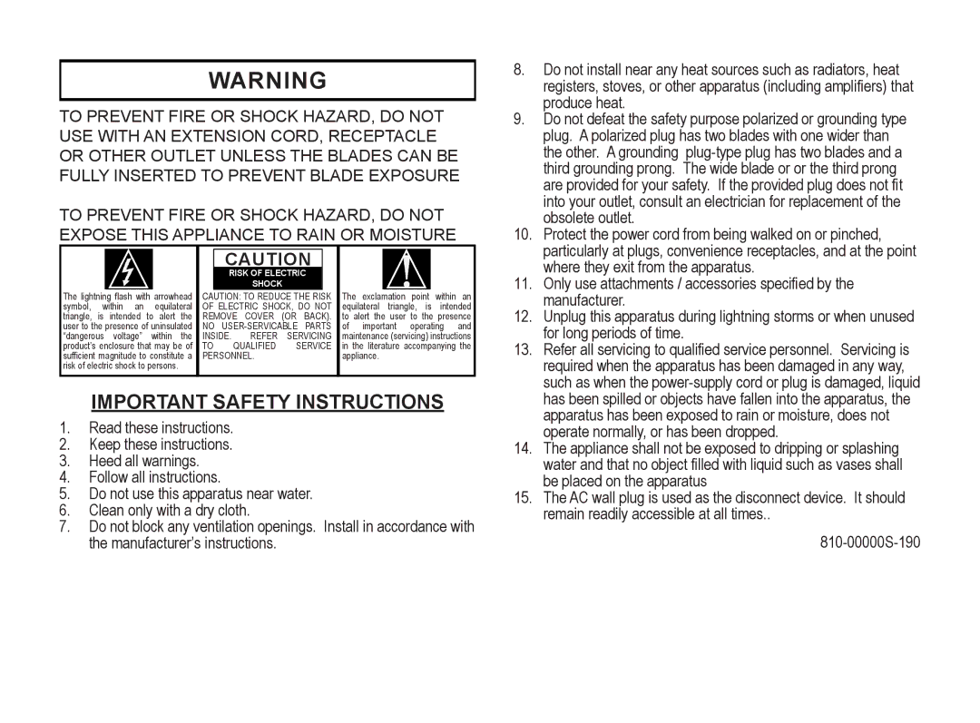 Cypress 745 manual Important Safety Instructions, INSIDE. Refer Servicing To Qualified Service Personnel 