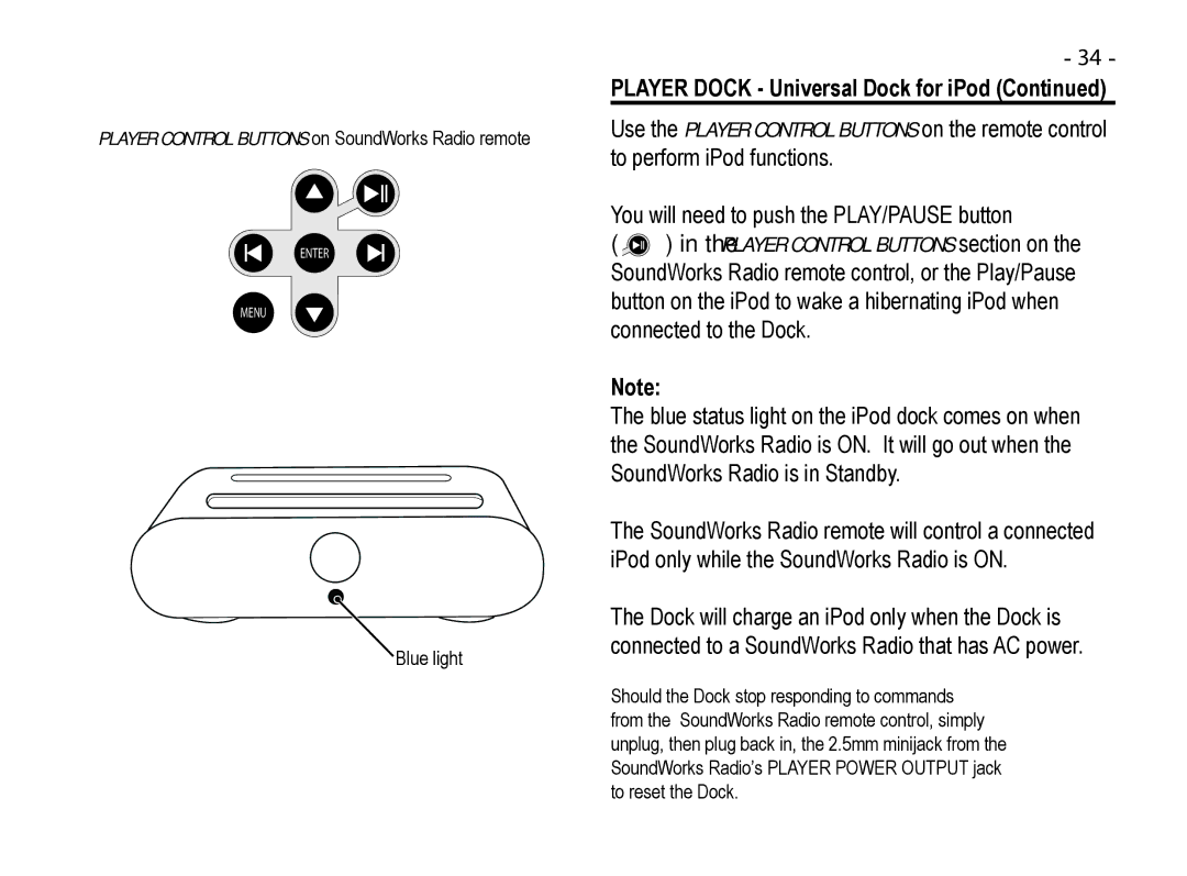 Cypress 745 manual Player Dock Universal Dock for iPod, You will need to push the PLAY/PAUSE button 