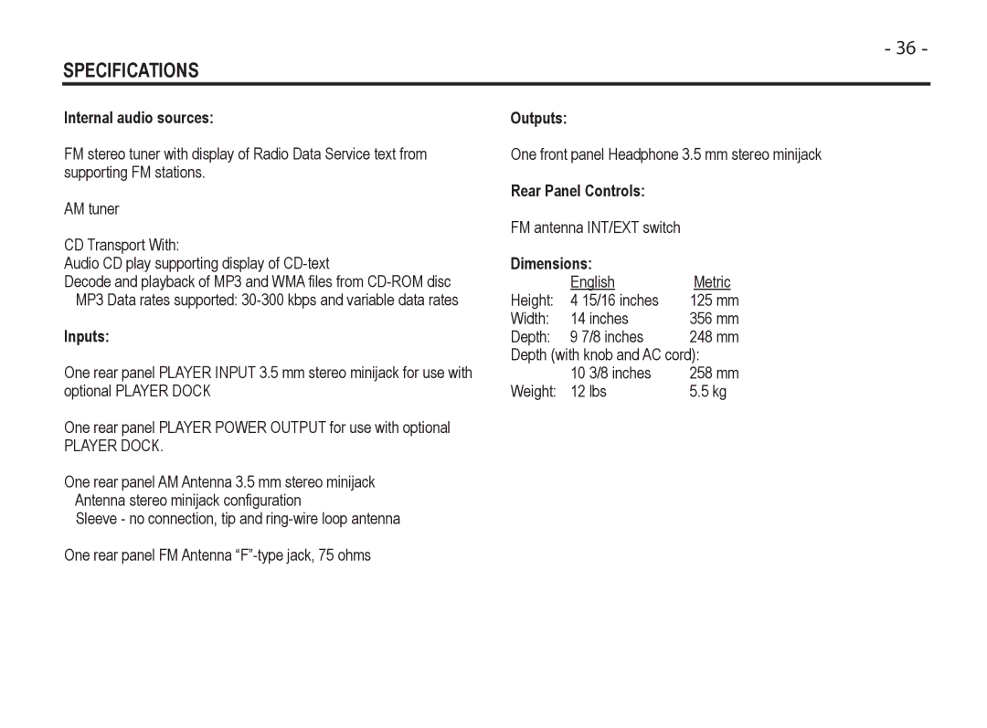 Cypress 745 manual Specifications, Internal audio sources Outputs 