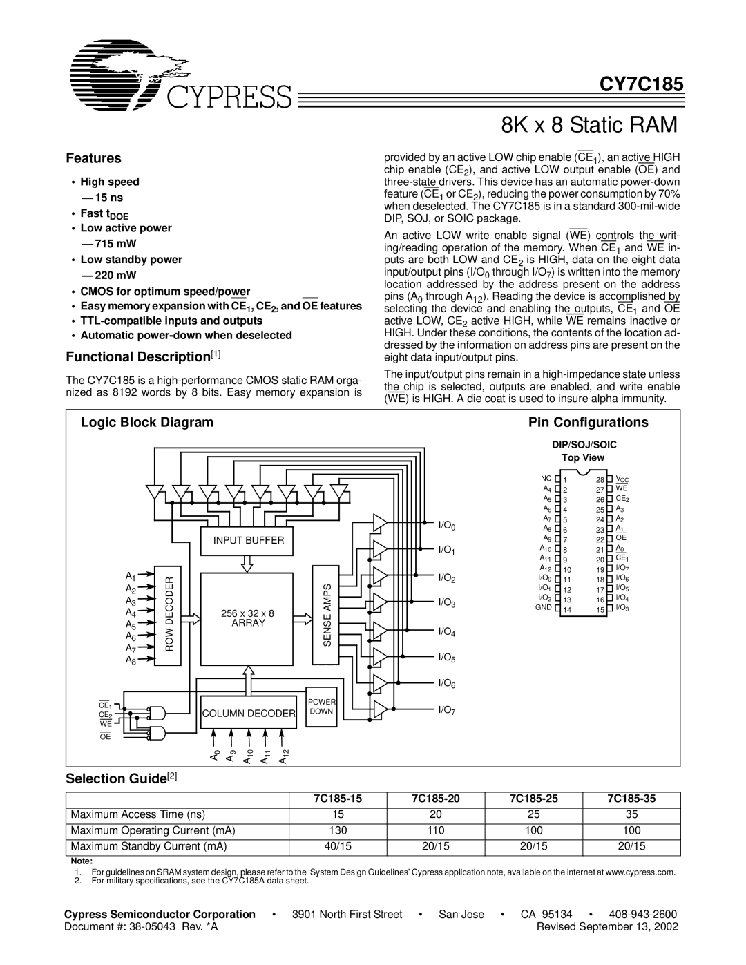 Cypress 7C185-15, 7C185-35 specifications Features, Functional Description1, Logic Block Diagram, Selection Guide2 