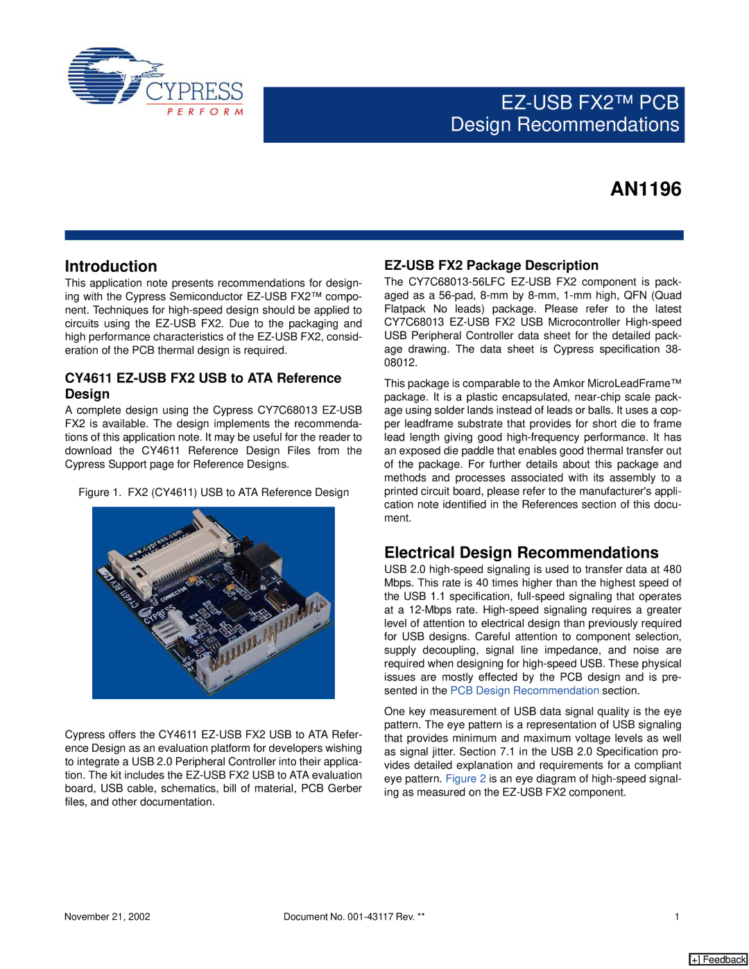 Cypress EZ-USB FX2 PCB, AN1196 manual Introduction, Electrical Design Recommendations, EZ-USB FX2 Package Description 