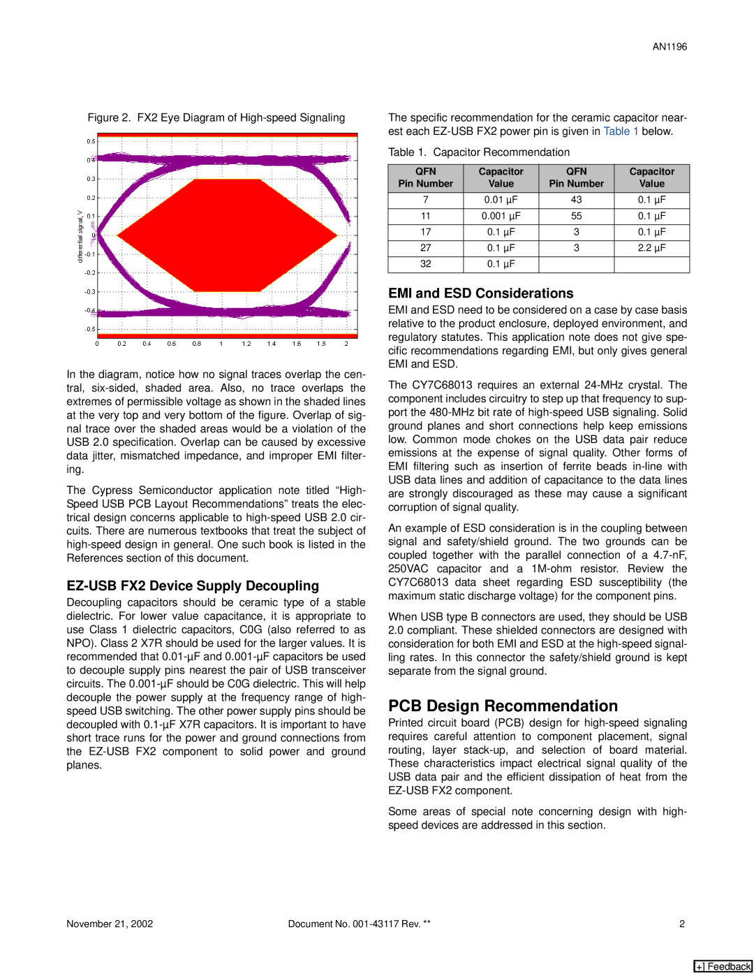 Cypress AN1196, EZ-USB FX2 PCB PCB Design Recommendation, EZ-USB FX2 Device Supply Decoupling, EMI and ESD Considerations 