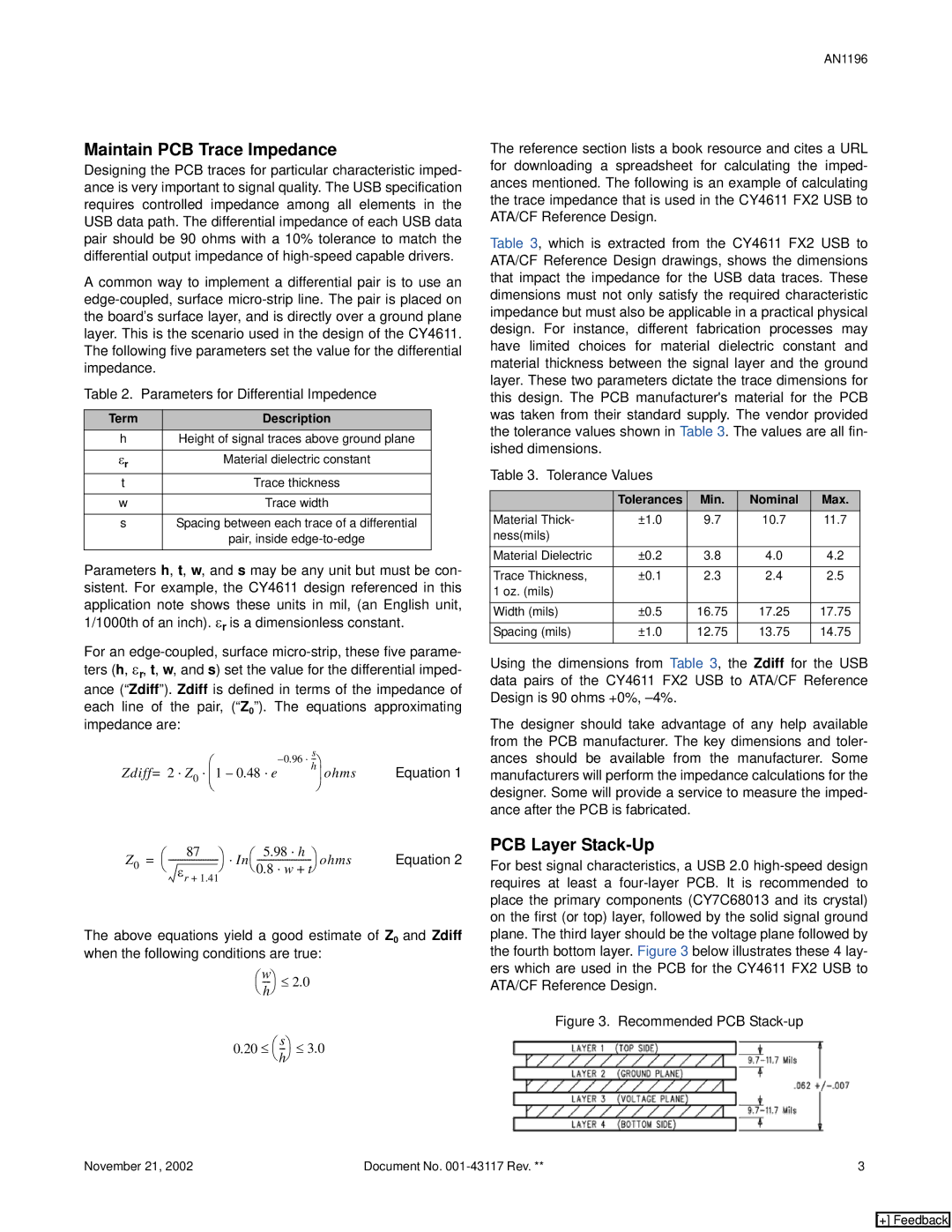 Cypress EZ-USB FX2 PCB, AN1196 manual Maintain PCB Trace Impedance, PCB Layer Stack-Up 