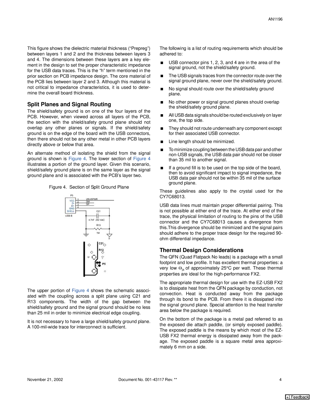 Cypress AN1196, EZ-USB FX2 PCB manual Split Planes and Signal Routing, Thermal Design Considerations 