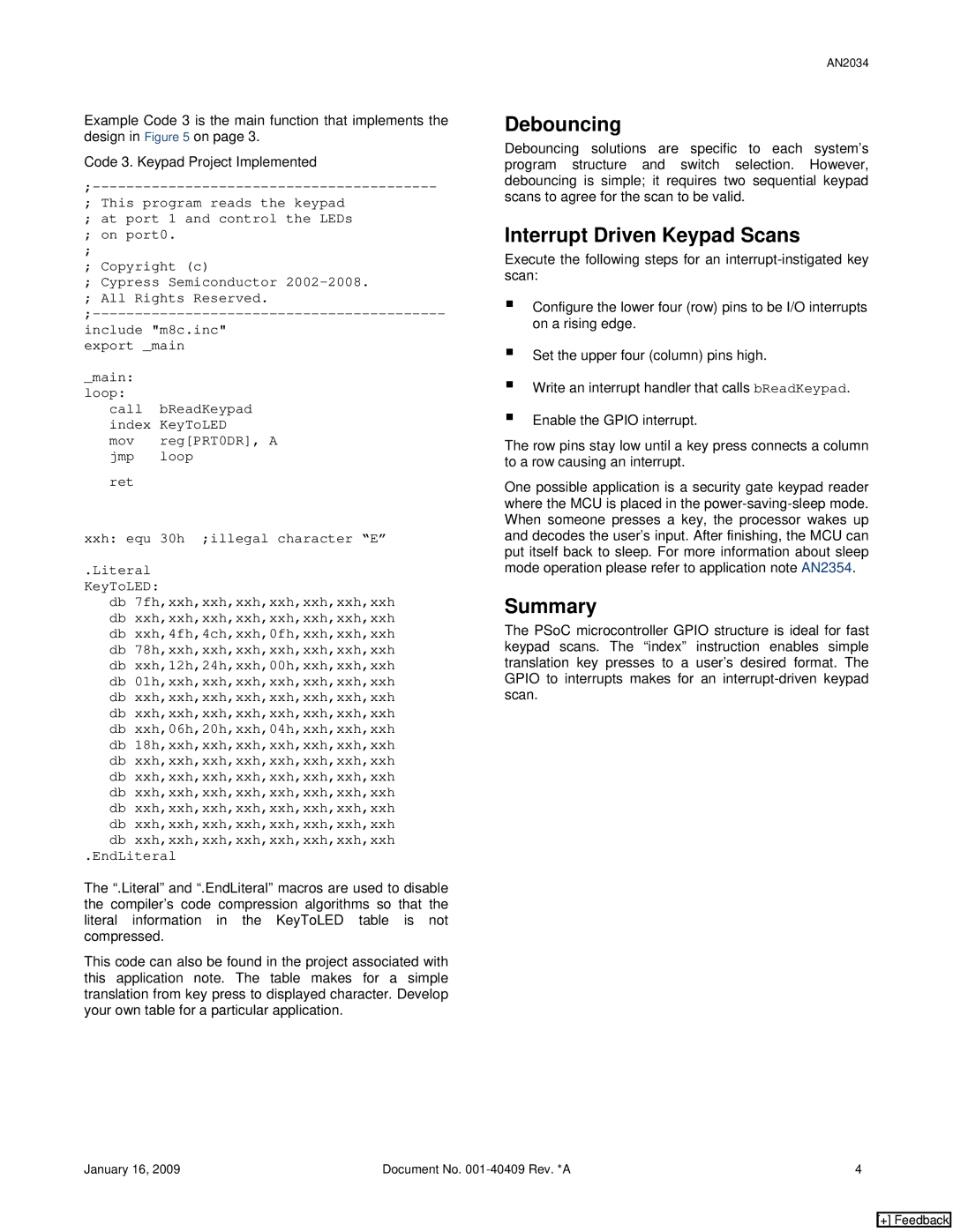 Cypress AN2034 manual Debouncing, Interrupt Driven Keypad Scans, Summary 