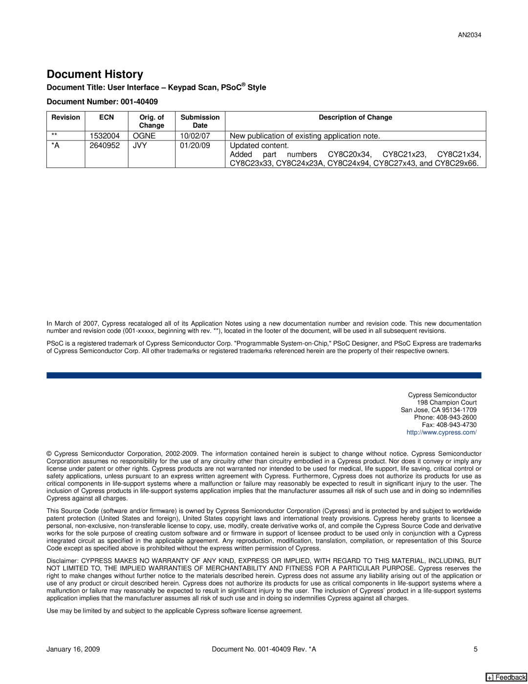 Cypress AN2034 manual Document History, Jvy 