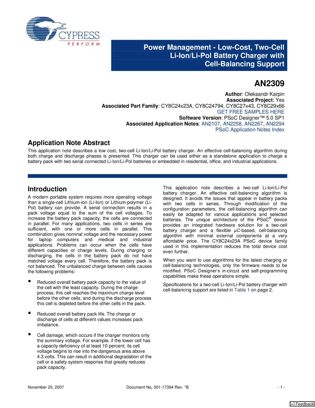 Cypress CY8C29x66, AN2309, CY8C24794 specifications Application Note Abstract, Introduction 