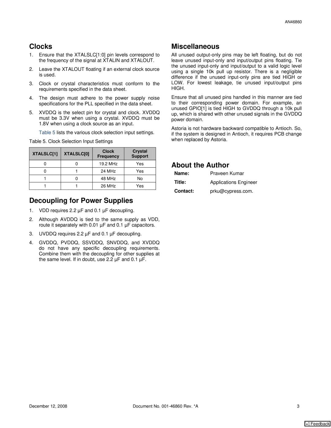 Cypress AN46860 Clocks, Decoupling for Power Supplies, Miscellaneous, About the Author, Clock Crystal Frequency Support 