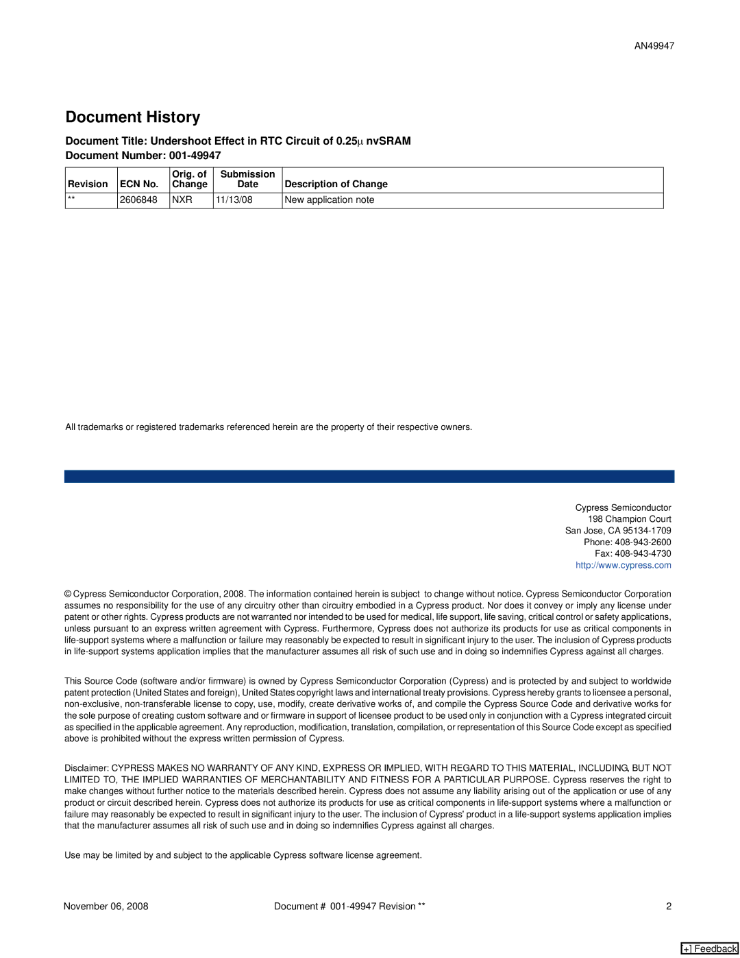 Cypress AN49947 manual Document History, Revision ECN No Orig. Submission Description of Change, 2606848, Nxr 