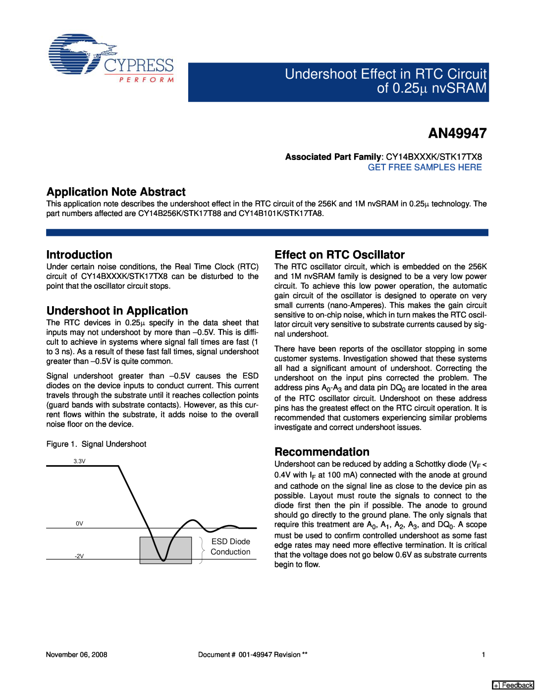 Cypress AN49947 manual Application Note Abstract, Introduction, Undershoot in Application, Effect on RTC Oscillator 