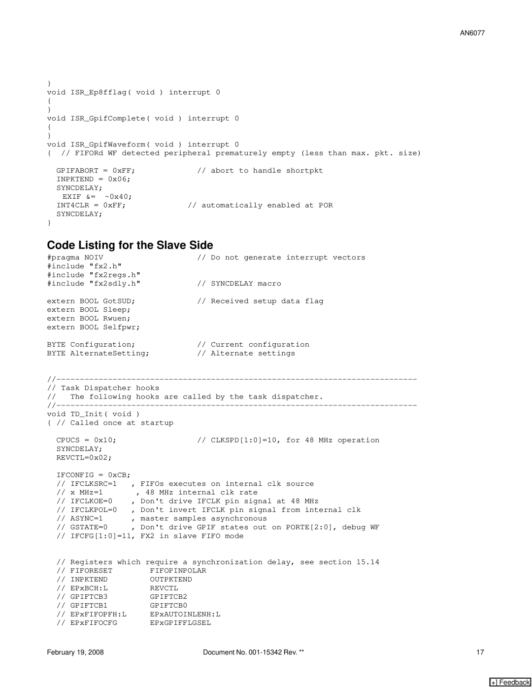 Cypress FX2LP, AN6077 manual Code Listing for the Slave Side 