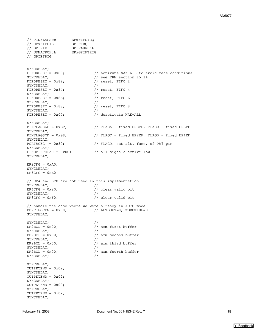 Cypress AN6077, FX2LP manual Gpifirq, AUTOOUT=0, WORDWIDE=0 Syncdelay 