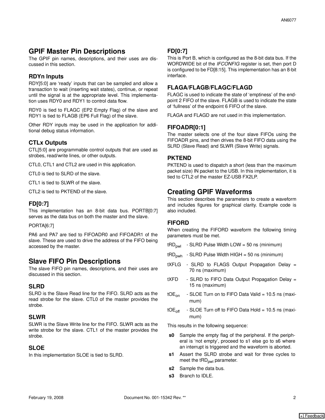 Cypress AN6077, FX2LP manual Gpif Master Pin Descriptions, Slave Fifo Pin Descriptions, Creating Gpif Waveforms 